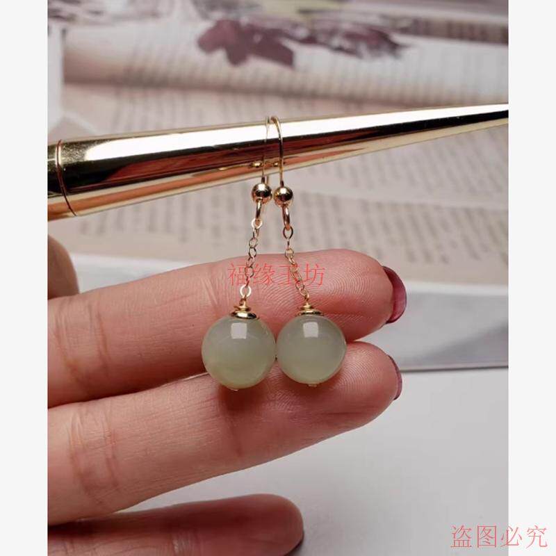 精品和田玉耳环18k金镶嵌圆珠耳勾晴水玉石耳坠女款耳饰