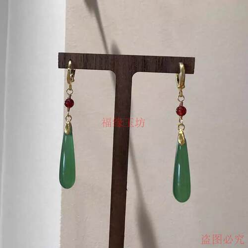 精品天然玛瑙耳坠冰种绿玉髓玉石耳环小众气质简约复古女款耳扣