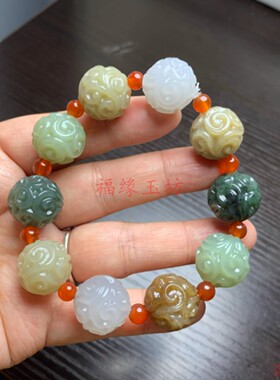 天然和田玉回纹珠文玩手链