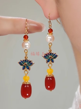 槿年黄玛瑙耳饰民族风玄学旺财耳环女925银聚财天然玉石黄色耳坠