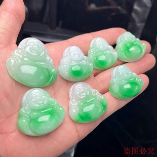 翡翠飘绿佛公吊坠男女儿童款白底青笑佛弥勒佛公玉坠大肚佛挂件