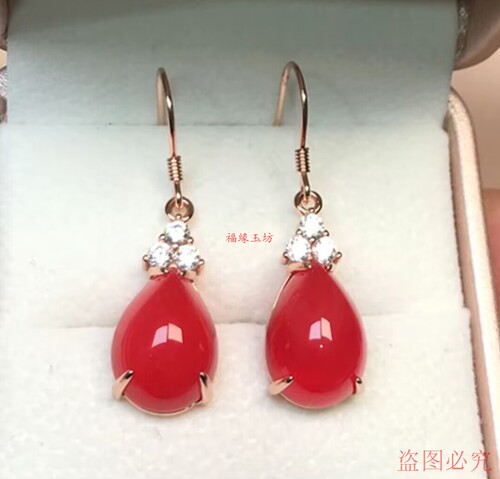 银镶嵌玉髓耳坠水滴款耳环