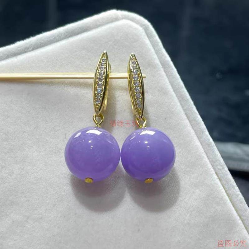 精品缅甸翡翠耳环冰糯种紫罗兰圆珠耳坠粉紫色玉石耳扣女款耳饰