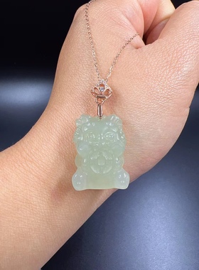 和田玉吞金兽吊坠925银镶萌宠小提溜小挂件