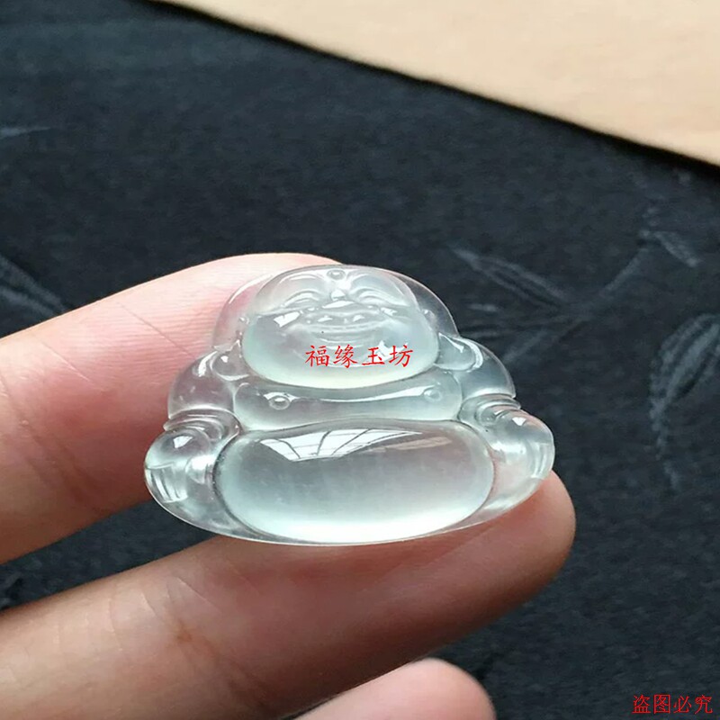 缅甸翡翠白冰精美雕刻玉石佛公吊坠女款玉石挂件大肚佛笑佛玉坠