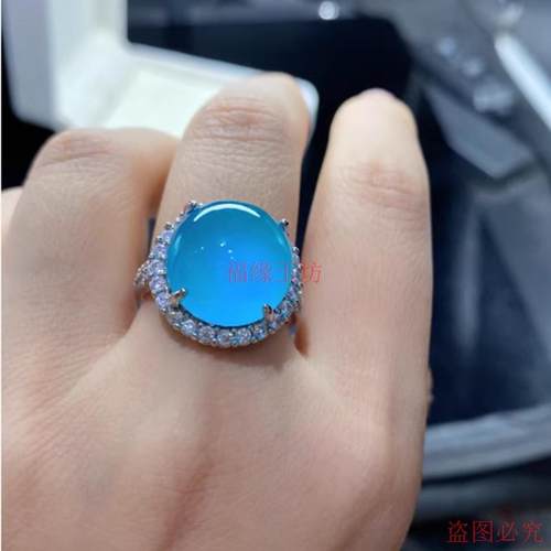 精品缅甸翡翠戒指冰种蓝水925镶嵌女款手饰裸石直径15mm