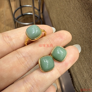 精品新疆和田青白玉方形戒指耳钉女款玉石指环耳环送女友手饰耳饰