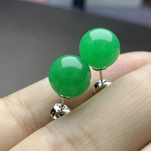 新品正品满色阳绿老翡翠珠子耳坠女转运圆珠油绿纯银耳钉耳饰
