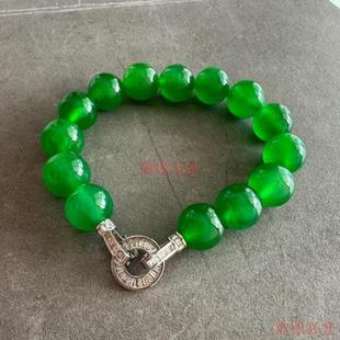 石英岩玉手串冰种满阳绿色转运珠13mm圆珠925银扣头女款 玉石手链