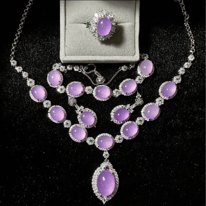 缅甸翡翠冰种紫罗兰裸石蛋面925银镶嵌项链耳坠手链戒指四件套