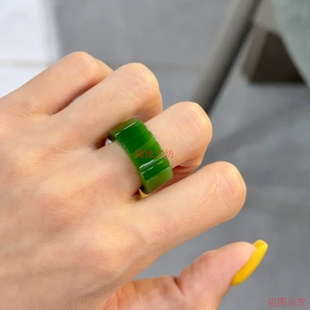 精品新料昆仑碧玉指环满绿菠菜绿阳绿玉石戒指男女同款显白手饰