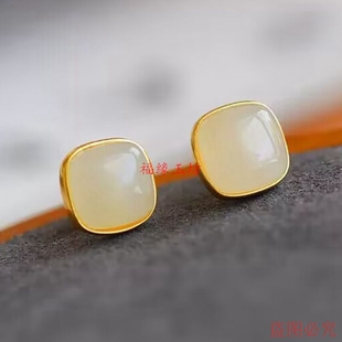 天然正品和田玉白玉耳钉女玉石耳环纯银方糖玉耳饰送女友生日礼物