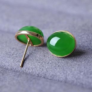 百搭款 精品天然和田玉碧玉耳钉菠菜绿蛋面18k金耳饰时尚 气质女款