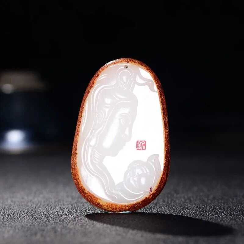 天然白玉莲花观音手把件玉石项链玉佩男女款玉石吊坠