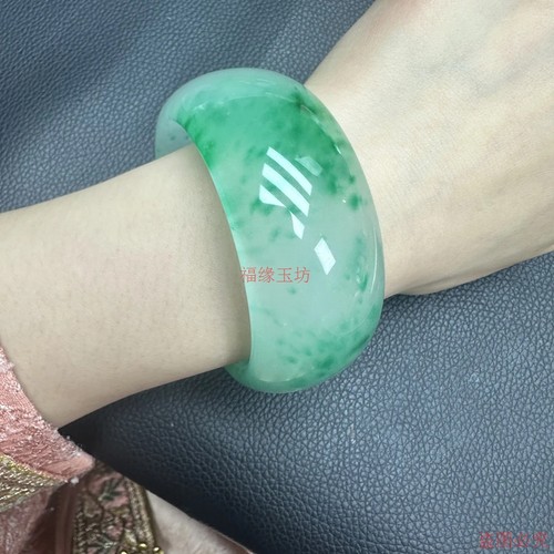 精品翡翠冰飘绿花玉镯宽版轮胎镯加宽平安镯女款玉石镯子手镯手饰