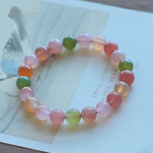 盐源玛瑙手链天然玉化冰种玛瑙单圈红绿搭配多宝手串饰礼物女