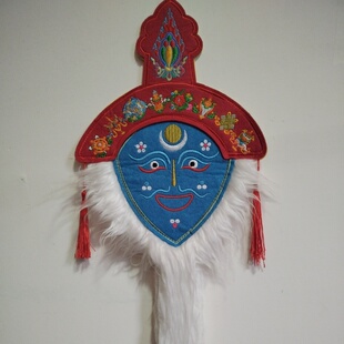 西藏藏红手工刺绣面具家居挂饰民族风双面深蓝色小号藏戏面具开口