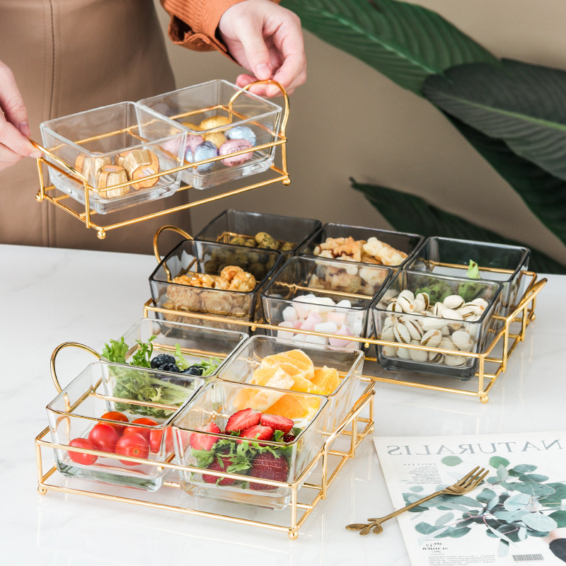 欧式轻奢金边铁艺玻璃拼盘创意坚果分格盘干果盘蛋糕小吃碟水果盘