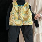 男女童国潮古风盘扣新中式 儿童夹棉马甲提花旗袍背心拜年服 唐装