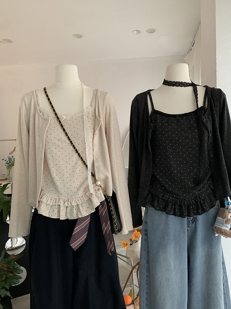 韩系甜美波点木耳边吊带背心+蕾丝飘带开衫两件套女淑女小个子秋