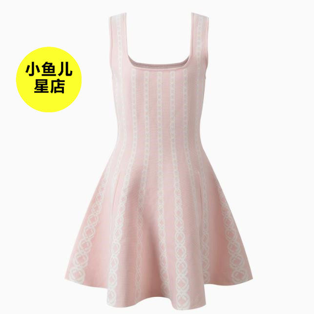 法式浪漫名媛小香风气质粉色条纹提花修身显瘦针织吊带A字连衣裙