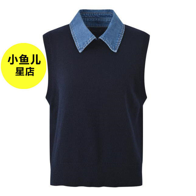 法式小众设计感可拆卸翻领撞色拼接无袖上衣春夏短款针织背心马甲