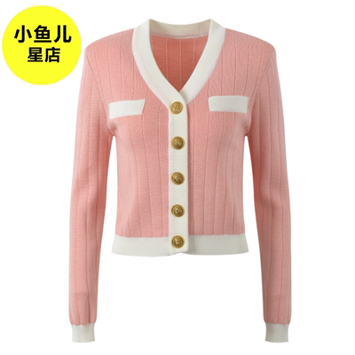 高端版法式浪漫名媛小香风撞色V领金属扣竖条纹短款秋冬针织开衫