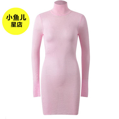 法式浪漫名媛风气质时尚修身显瘦包臀藏蓝色高领长袖针织连衣裙秋