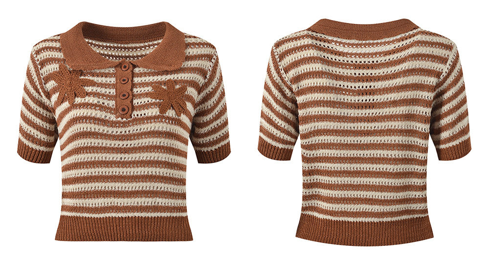 프렌치 로맨틱 틈새 대비 스트라이프 폴로 칼라 꽃 자수 통근 다재다능한 달콤한 연령 감소 반팔 탑 여름