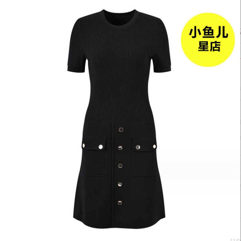 高端版 欧货S家春夏女装A字小短裙经典黑色收腰短袖针织连衣裙