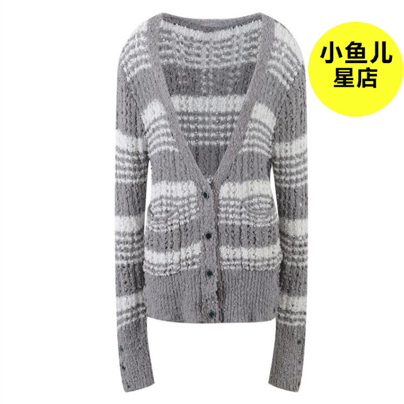 条纹针织开衫法式V领宽松外套