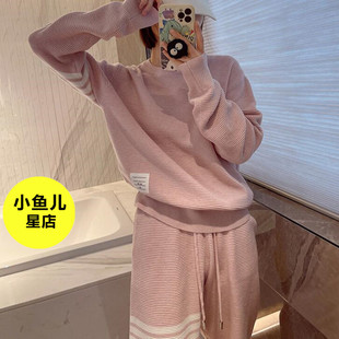 高端羊毛版 tb四杠条纹拉链华夫格连帽针织开衫外套休闲长裤套装