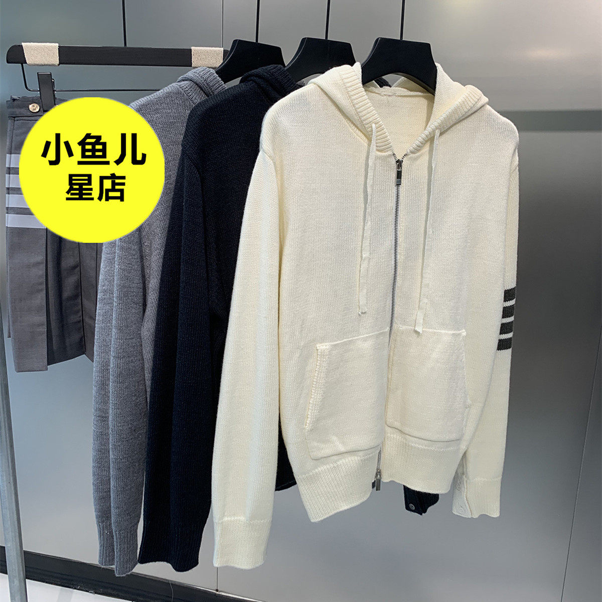 法式复古学院风TB四道杠设计感后背花朵刺绣白色拉链连帽上衣外套