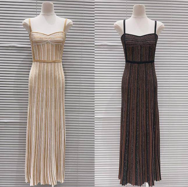 法式夏季新款撞色竖条纹气质时尚性感修身显瘦长款吊带针织连衣裙