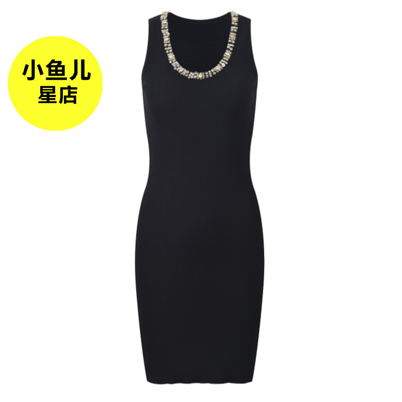 高端版领口重工花朵钉珠时修身显瘦无袖背心连衣裙弹力包臀针织裙