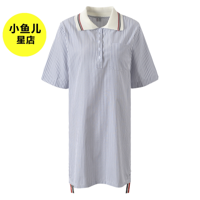 法式复古减龄翻领条纹短袖学生连衣裙夏季学院风减龄宽松休闲短裙