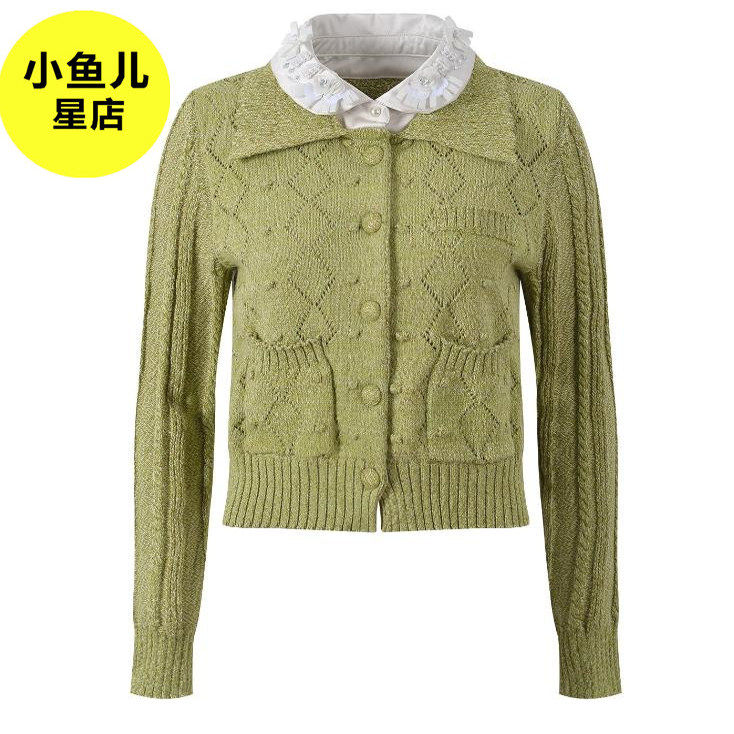 法式浪漫秋季新款设计感娃娃领拼接假两件清新减龄长袖针织衫上衣