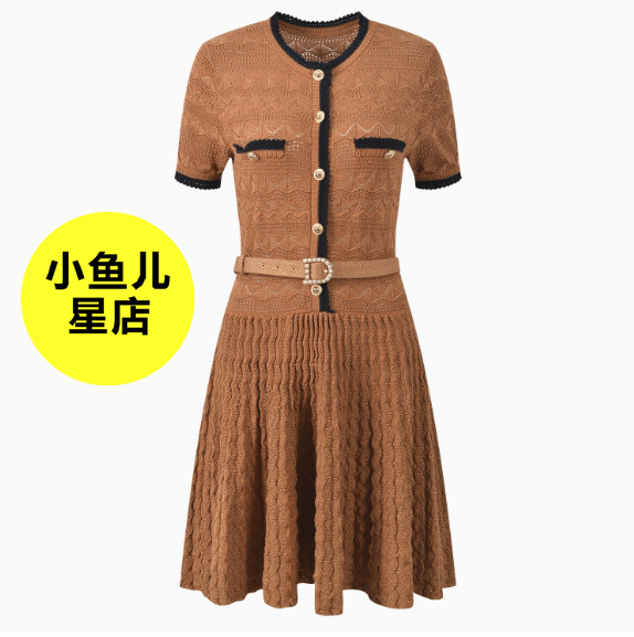 高端版法式浪漫名媛小香风撞色饰边圆领短袖配腰带针织短款连衣裙