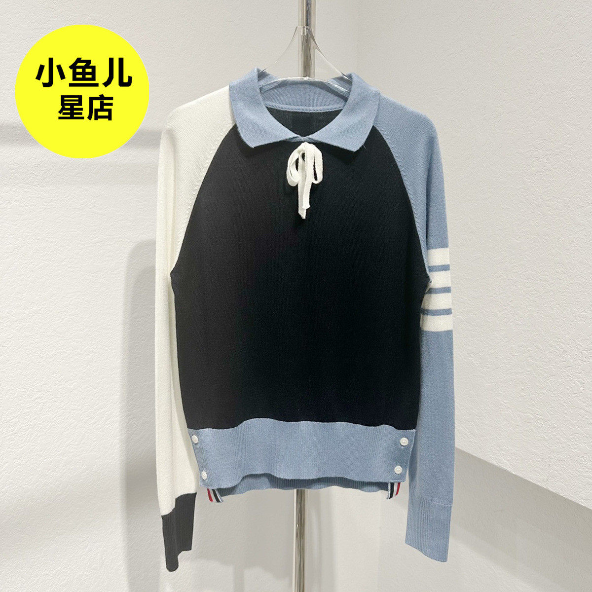 高端版 TB甜美减龄四杠撞色蝴蝶结翻领针织衫上衣长袖毛衣女内搭