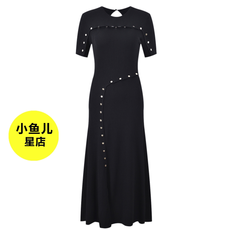 高端法式浪漫小众设计感手工钉扣气质黑色修身显瘦长款针织连衣裙