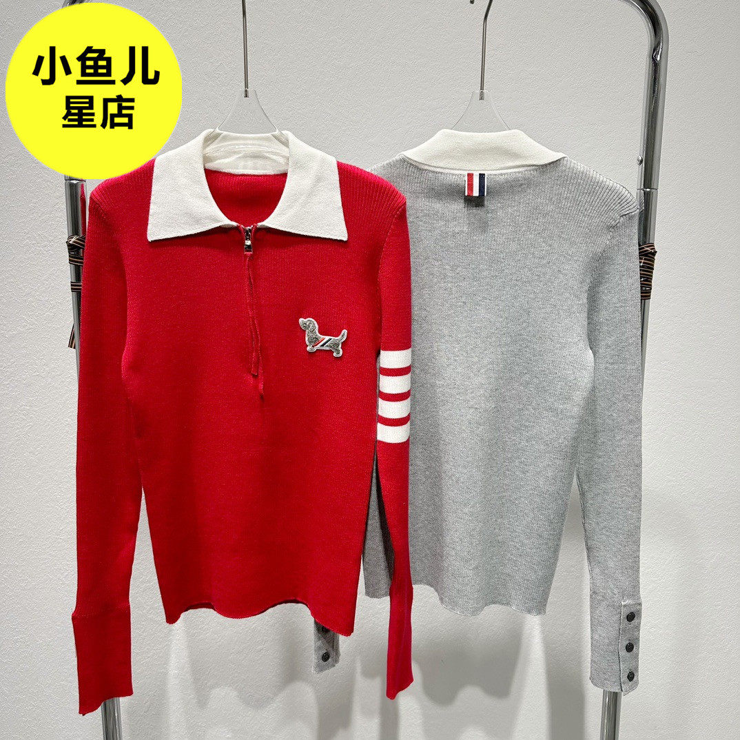 高级感tb红色美式复古polo针织衫绣花狗狗设计修身显瘦上衣24早春