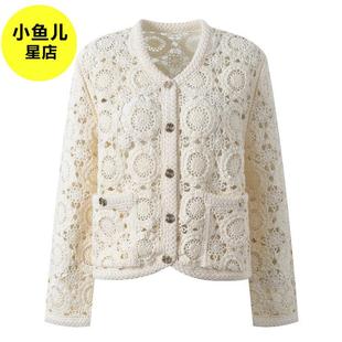 法式浪漫名媛风钩花镂空圆领单排扣米色短款上衣春季针织开衫外套