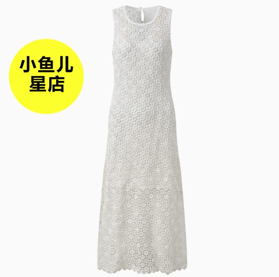 法式浪漫春夏款小众设计感镂空钩花白色圆领无袖长款针织连衣裙女