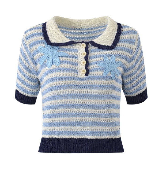 프렌치 로맨틱 틈새 대비 스트라이프 폴로 칼라 꽃 자수 통근 다재다능한 달콤한 연령 감소 반팔 탑 여름