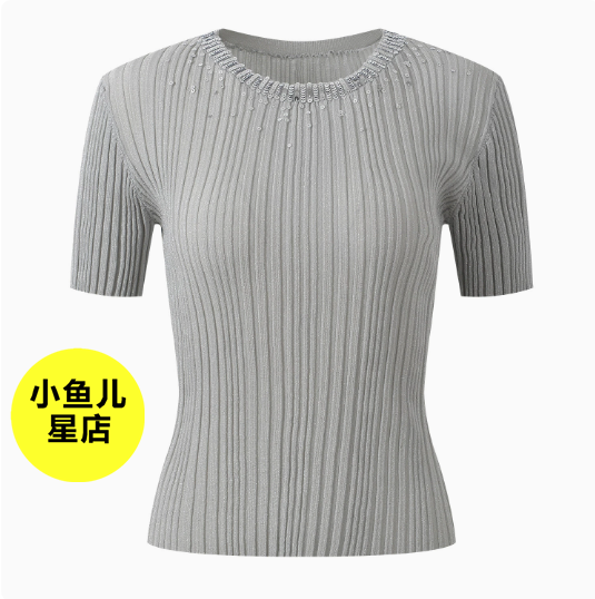 法式浪漫夏季新款时尚气质亮片装饰圆领修身显瘦短袖针织套头上衣