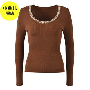 高端法式浪漫名媛重工圆领花朵钉珠修身显瘦打底衫气质时尚针织衫