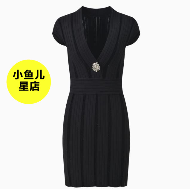 法式浪漫春夏小香风钻饰纽扣气质修身显瘦包臀V领坑条无袖连衣裙