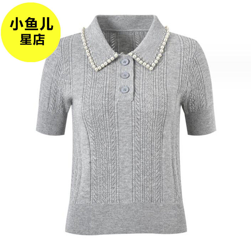 高端版 欧货S家女装甜美珍珠装饰polo领短袖T恤法式翻领针织上衣