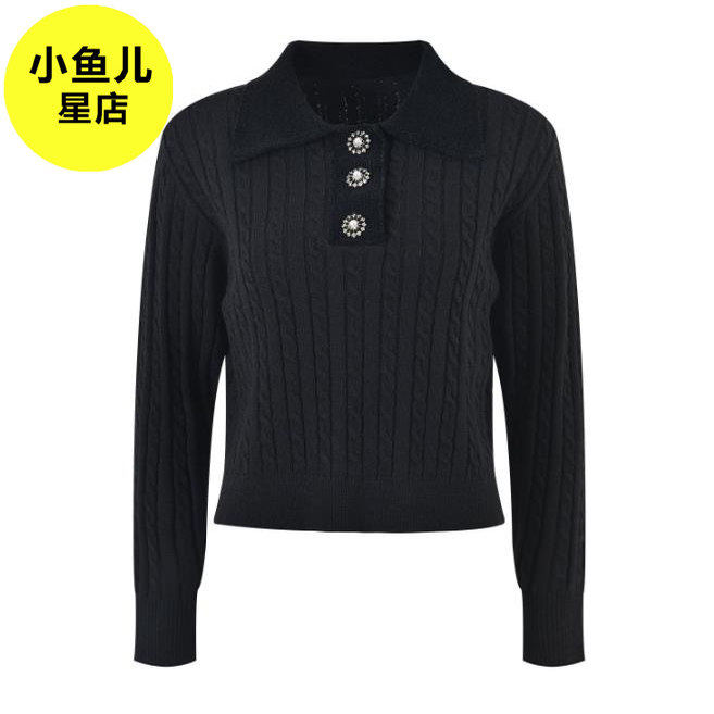 法式浪漫秋冬款温柔风黑色软糯麻花纹理衬衫领长袖毛衣针织衫套头