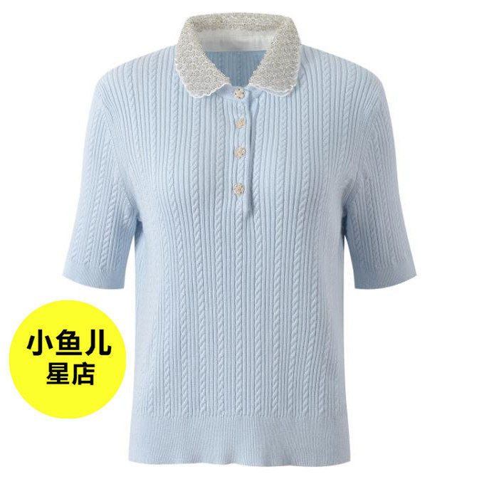 法式浪漫夏季款重工钉珠翻领气质时尚减龄百搭麻花纹针织T恤上衣